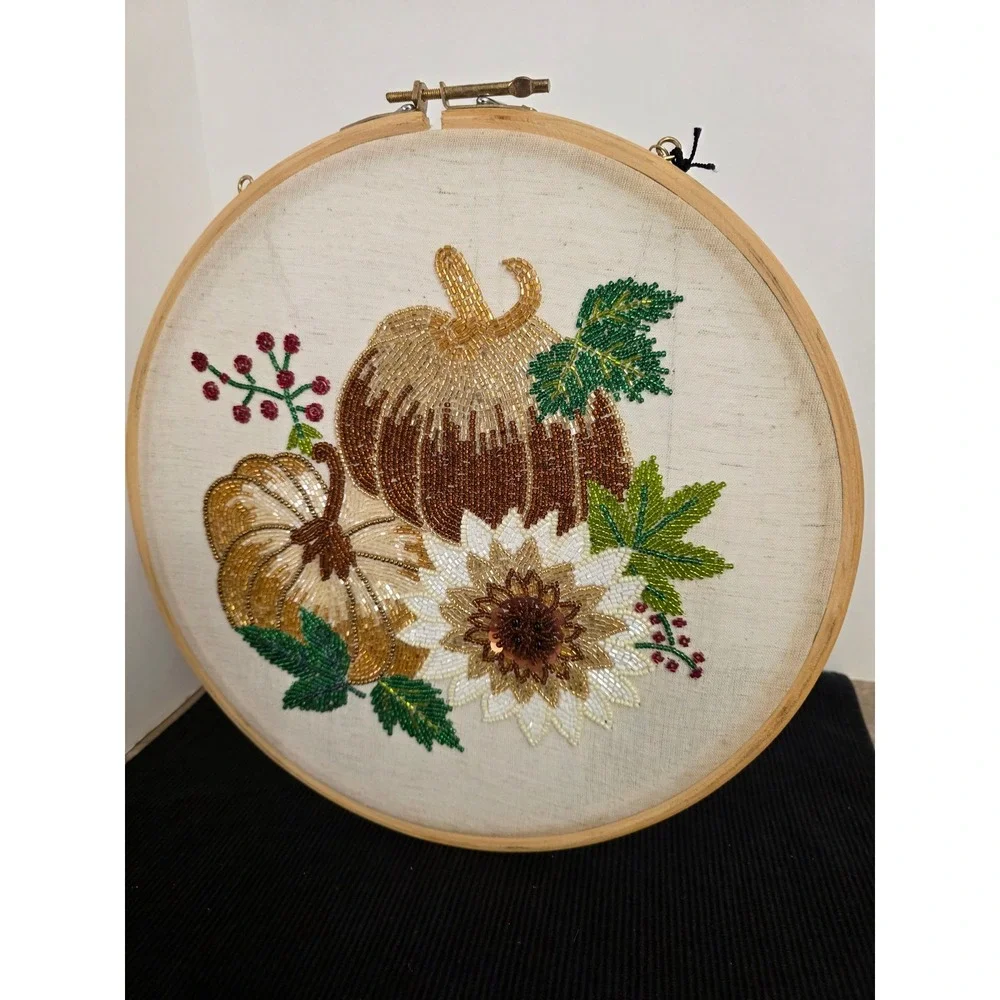 Acorn Oak Harvest Collection Beaded Pumpkin Sunflower Embroidery Hoop Wall Decor